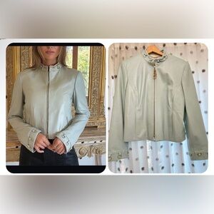 St.John  Leather Jacket Aqua Blue Gold-tone rings embellish